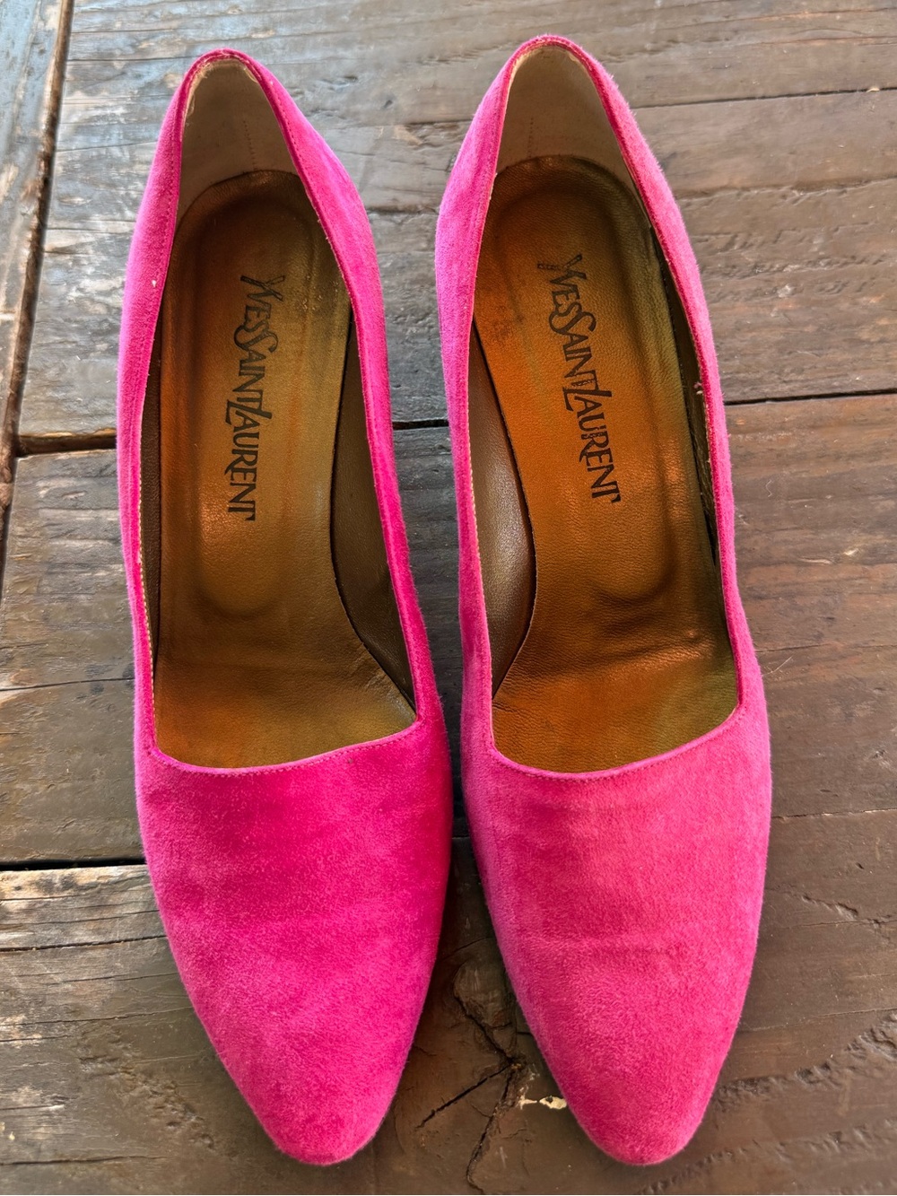 Vtg YVES SAINT LAURENT Hot Pink Suede Block Heel Size 8W Custom Dyed